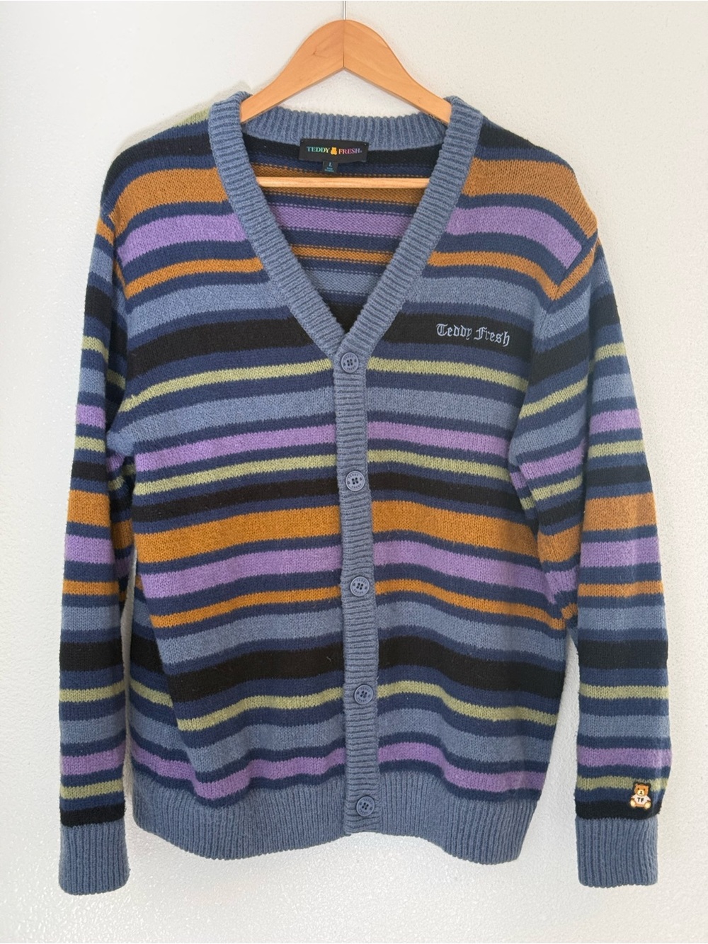Teddy Fresh Striped Cardigan Blue & Purple Size Large - Picture 1 of 10